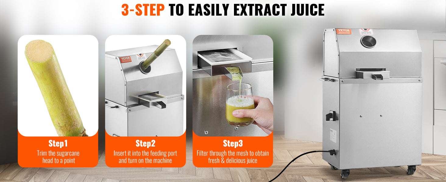 Commercial Sugar Cane Juicer 800W High Output 3-Roller Machine-661LBS per hour / United States