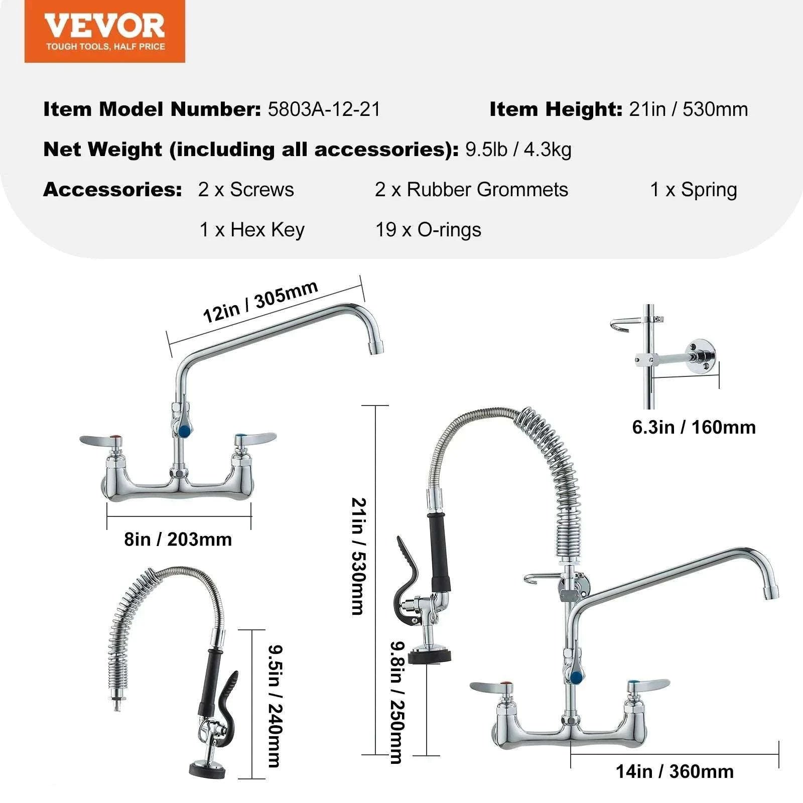 Commercial Wall Mount Kitchen Faucet with Pre-Rinse Sprayer-44inch / United States