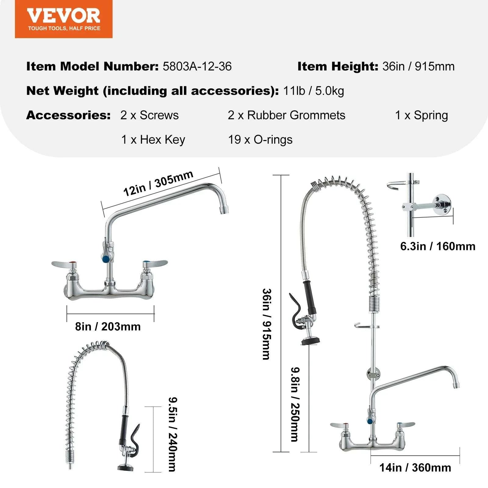 Commercial Wall Mount Kitchen Faucet with Pre-Rinse Sprayer-44inch / United States