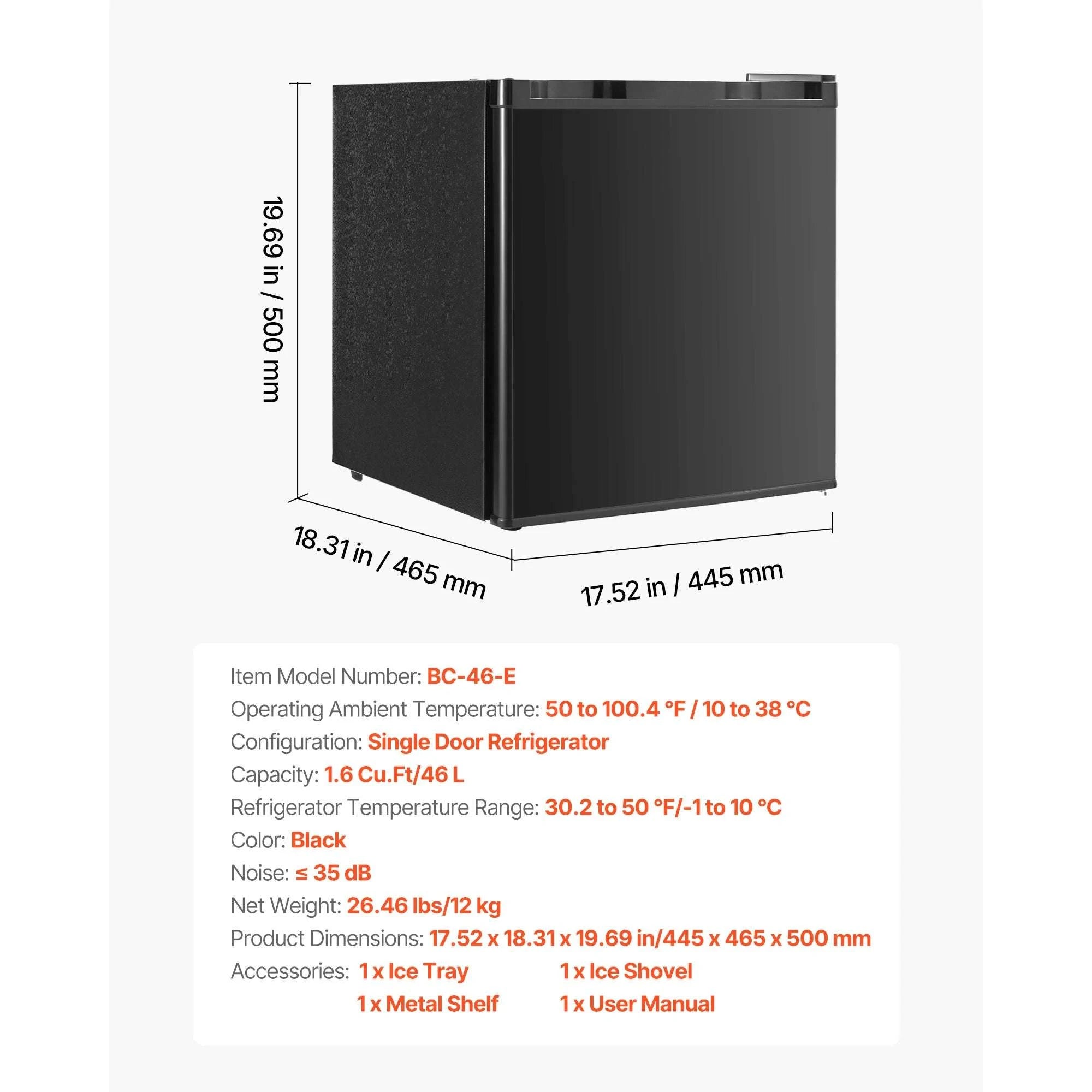 Compact Mini Fridge 1.6–3.2 Cu.Ft Quiet Refrigerator with Adjustable Shelves-46L / United States