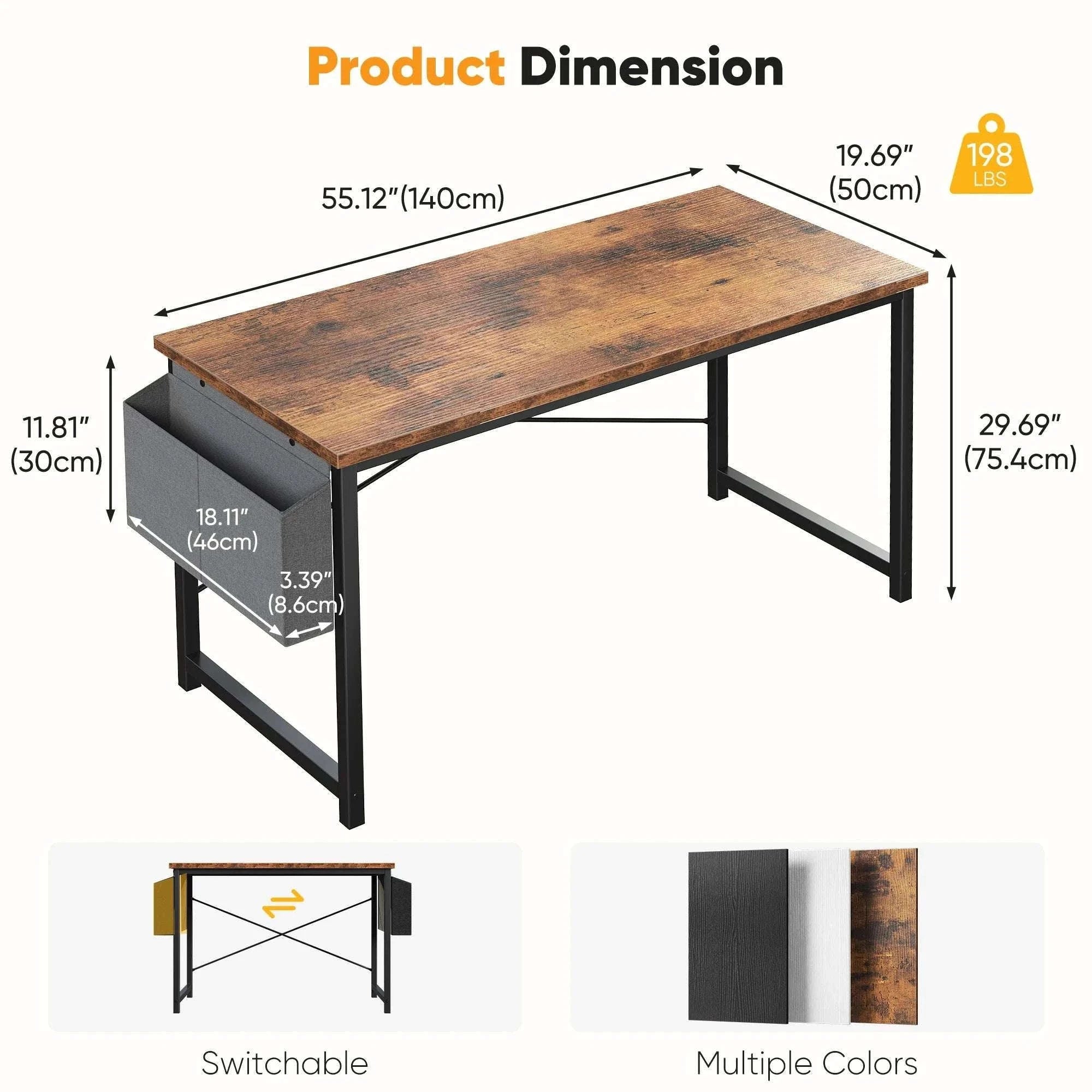 Computer Desk 31–55 Inch Writing & Gaming Table with Side Storage Bag-44IN Black / United States