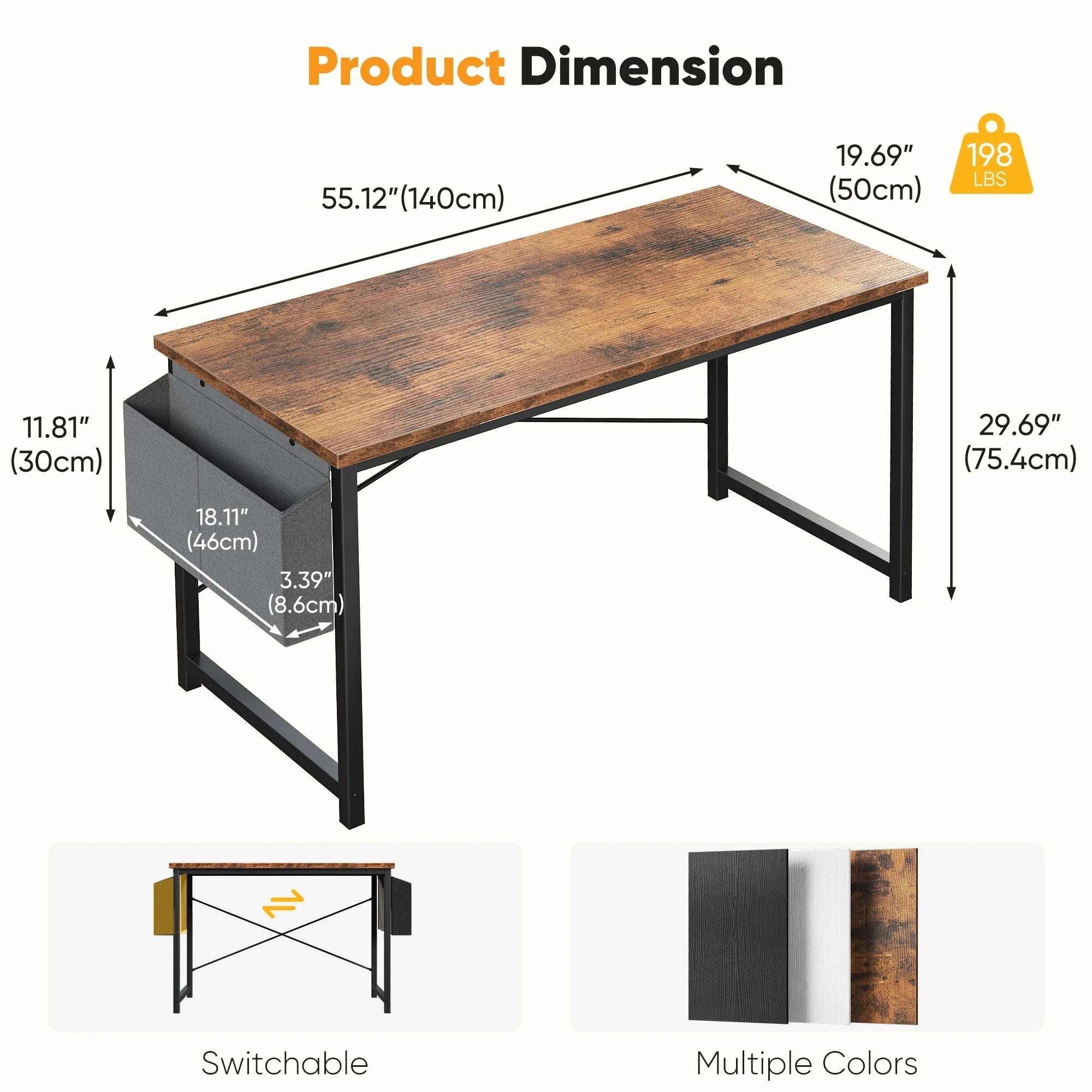 Computer Desk 31–55 Inch Writing & Gaming Table with Side Storage Bag-44IN Black / United States