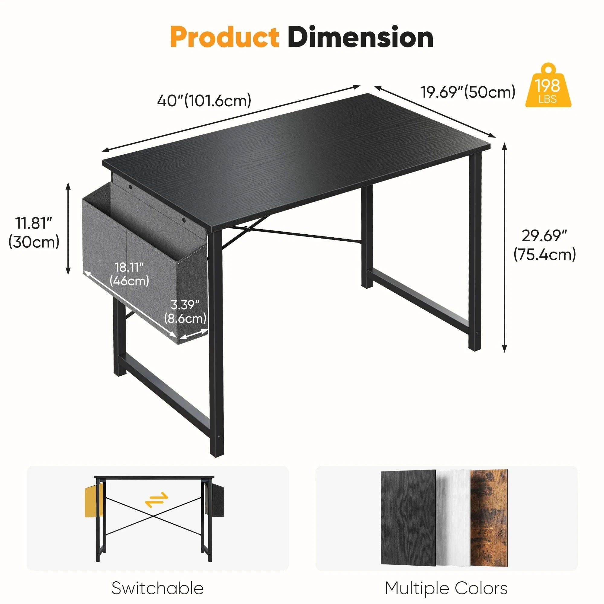 Computer Desk 31–55 Inch Writing & Gaming Table with Side Storage Bag-44IN Black / United States