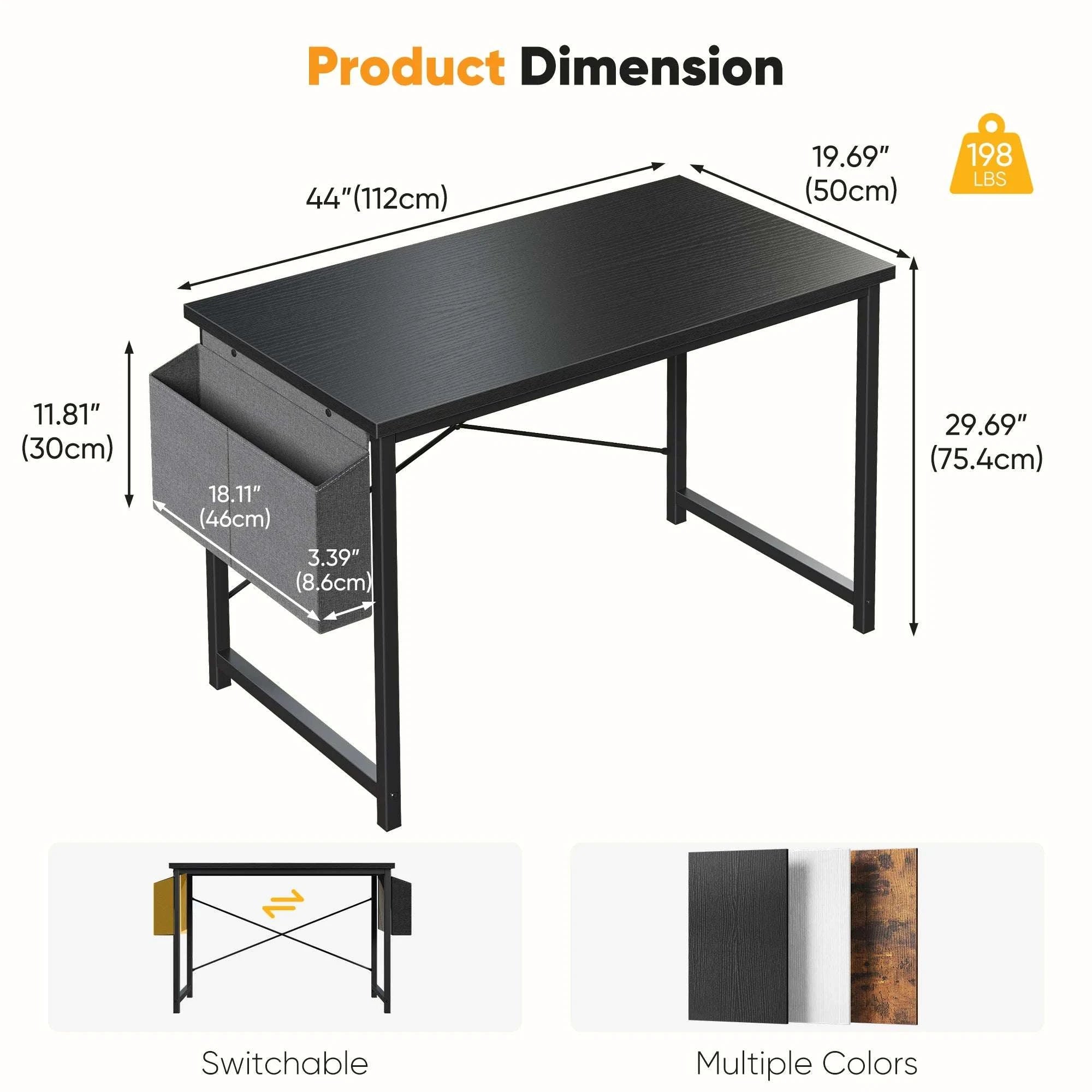 Computer Desk 31–55 Inch Writing & Gaming Table with Side Storage Bag-44IN Black / United States