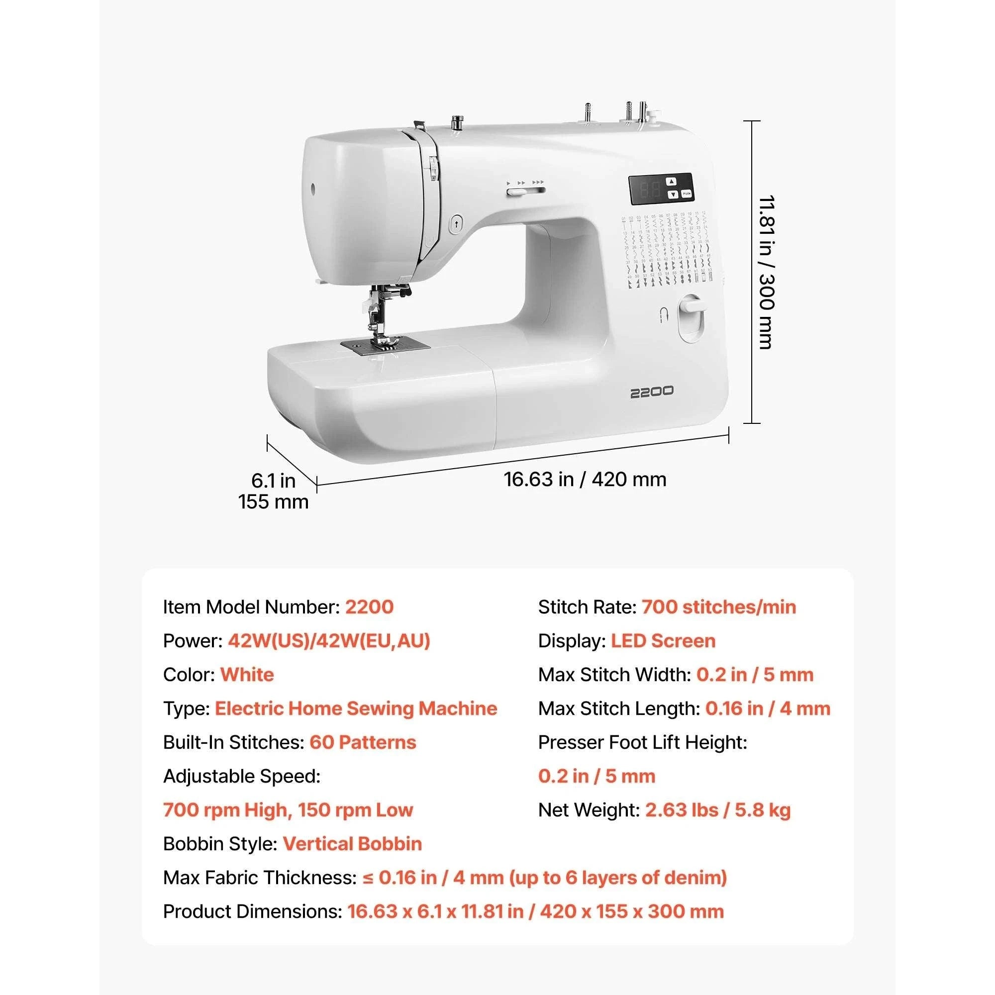 Computerized Sewing Machine with 60 Stitches, LED & Heavy-Duty Frame-42w 60 Patt. / United States
