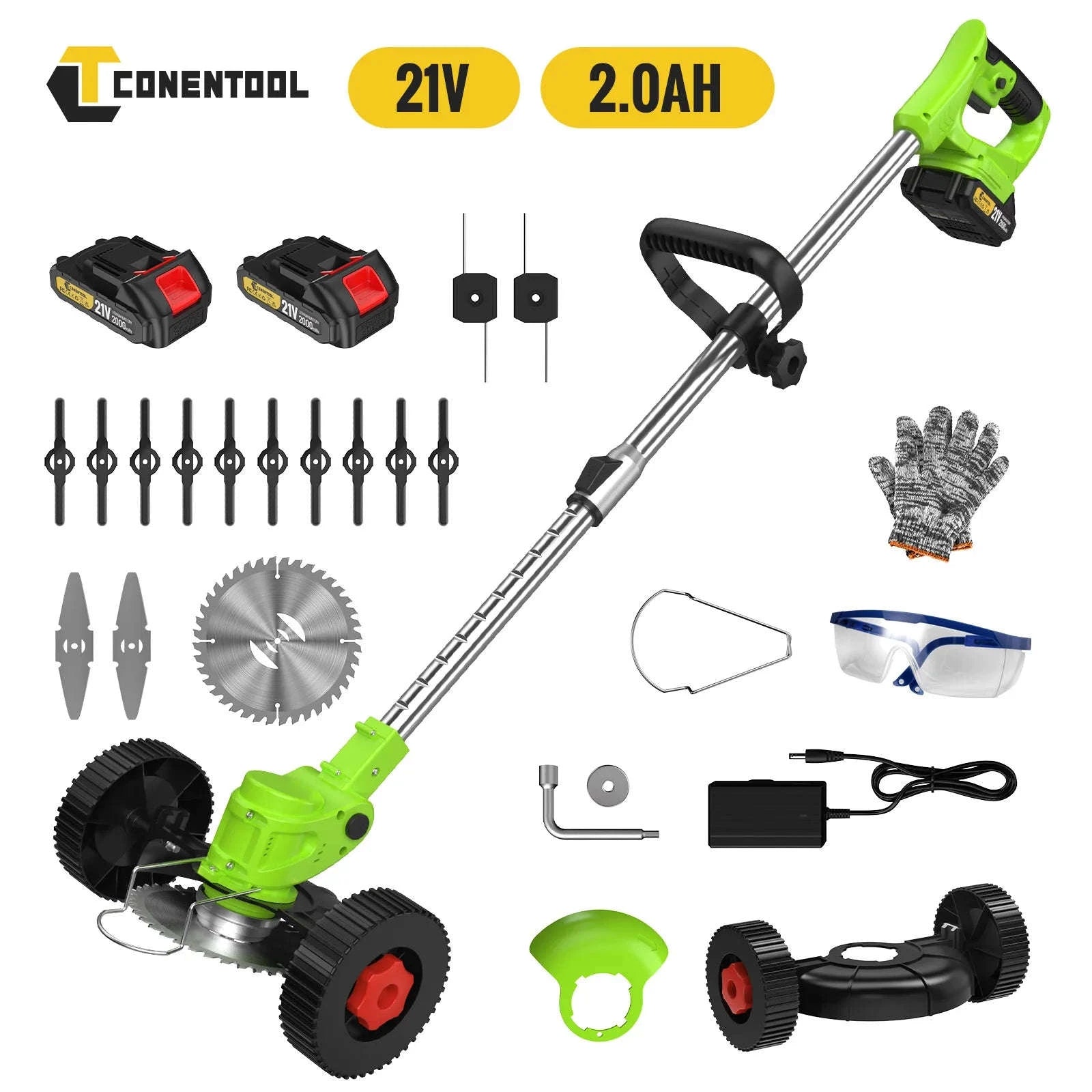 Conentool 24V Cordless Strimmer with Dual Batteries and Blade Set-21V-Green / UK / UNITED KINGDOM