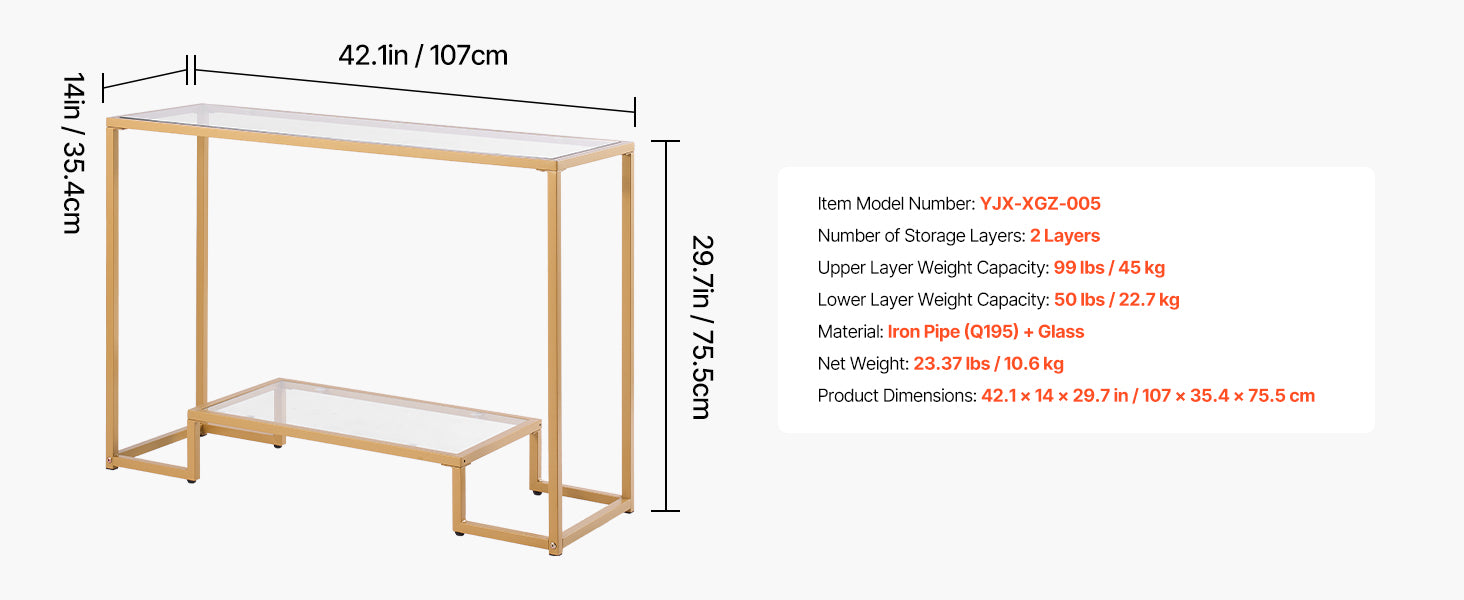 Modern Glass Console Table with Metal Frame, Multi-Tier Storage