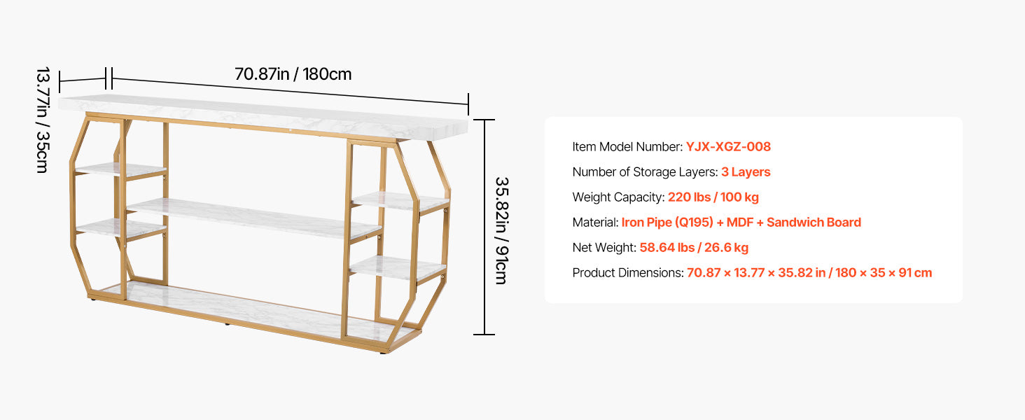 Modern Glass Console Table with Metal Frame, Multi-Tier Storage