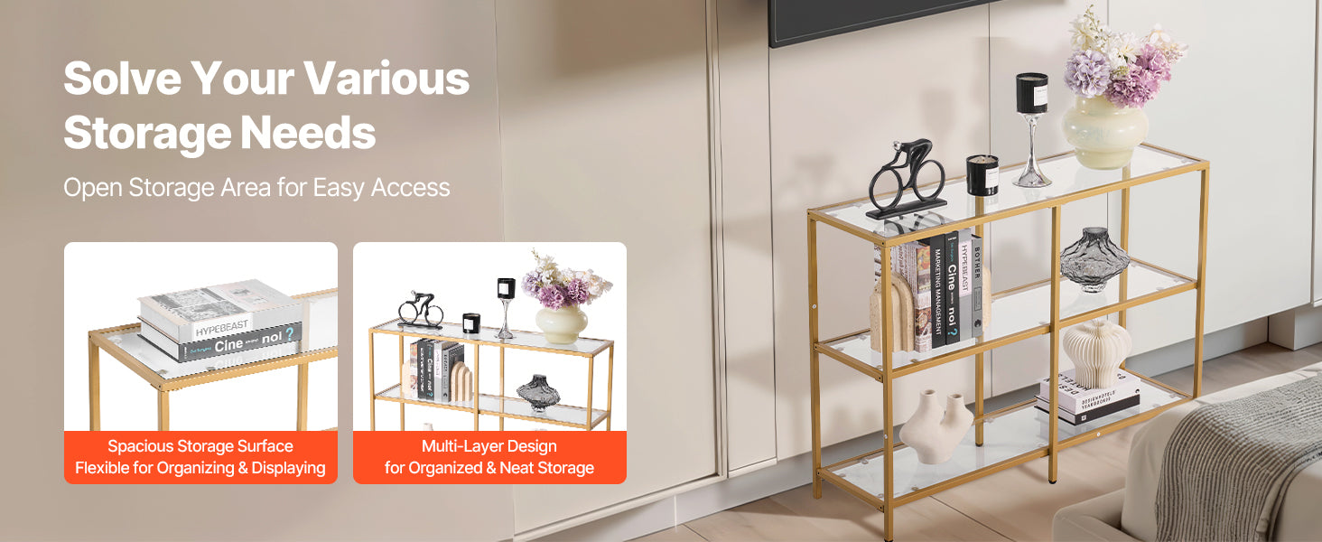 Modern Glass Console Table with Metal Frame, Multi-Tier Storage