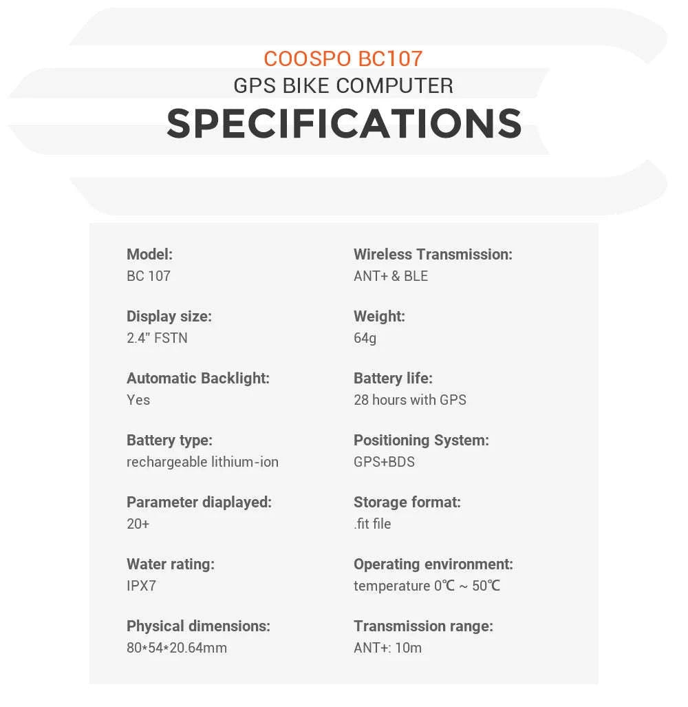 COOSPO BC107 Wireless GPS Bike Computer-BC26-W