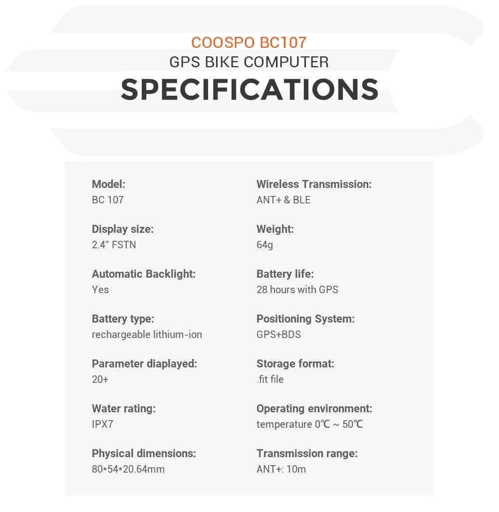 COOSPO BC107 Wireless GPS Bike Computer with Sensor Support-BC26-B