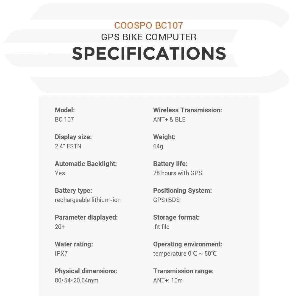 COOSPO BC107 Wireless GPS Bike Computer with Sensor Support-BC26-B
