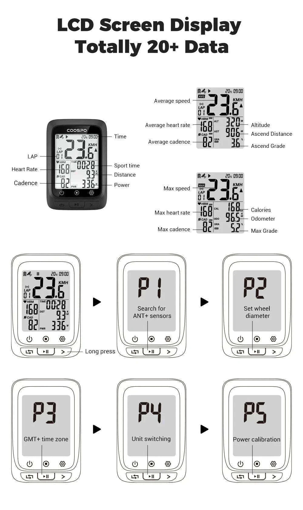 COOSPO BC107 Wireless GPS Bike Computer with Sensor Support-BC26-B