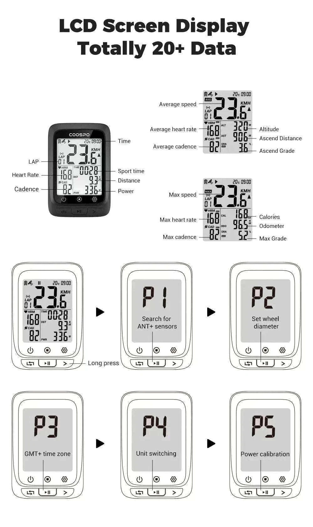 COOSPO BC107 Wireless GPS Bike Computer with Sensor Support-BC26-B