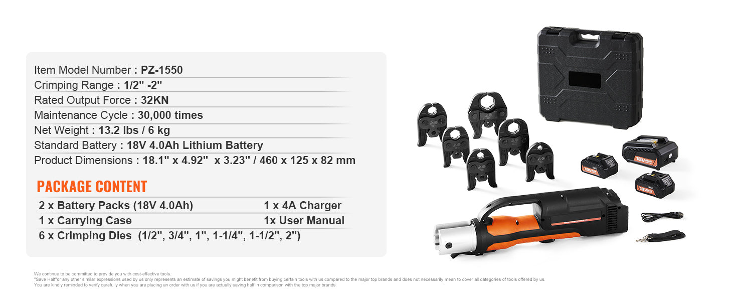 SucceBuy Pro Press Tool 18V Electric Pipe For 1/2 to 2inch Stainless Steel 6 Press Jaws 2PCS Battery Fast Charger Carrying Case