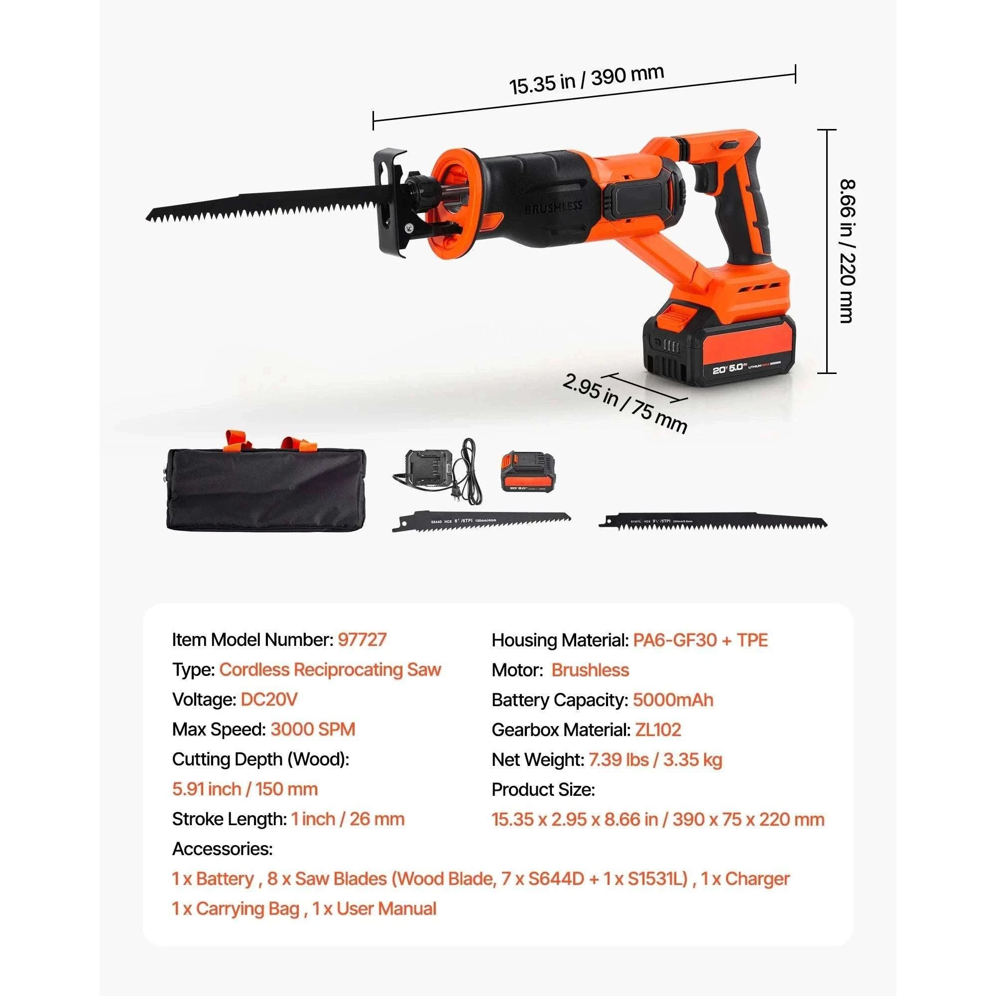 Corded Reciprocating Saw 7.5 Amp 2800 SPM Variable Speed Kit-Cordless 3000spm B / United States