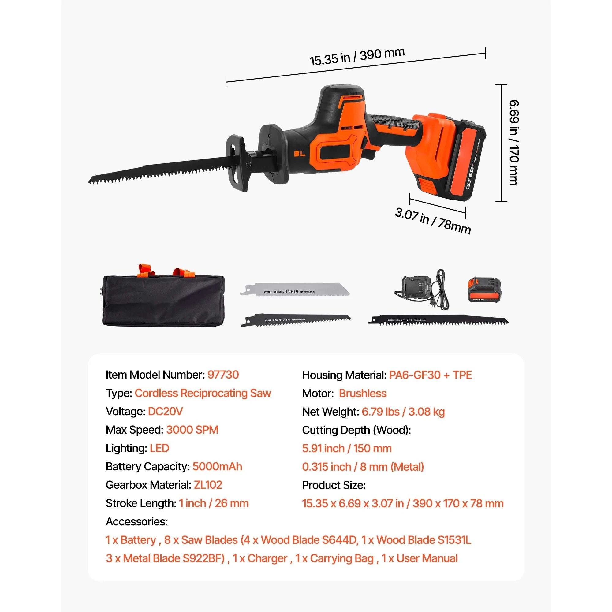 Corded Reciprocating Saw 7.5 Amp 2800 SPM Variable Speed Kit-Cordless 3000spm B / United States