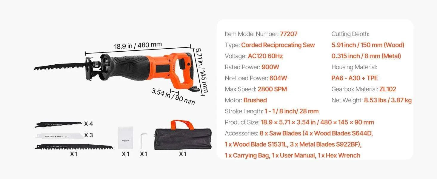 Corded Reciprocating Saw 7.5 Amp 2800 SPM Variable Speed Kit-Cordless 3000spm B / United States