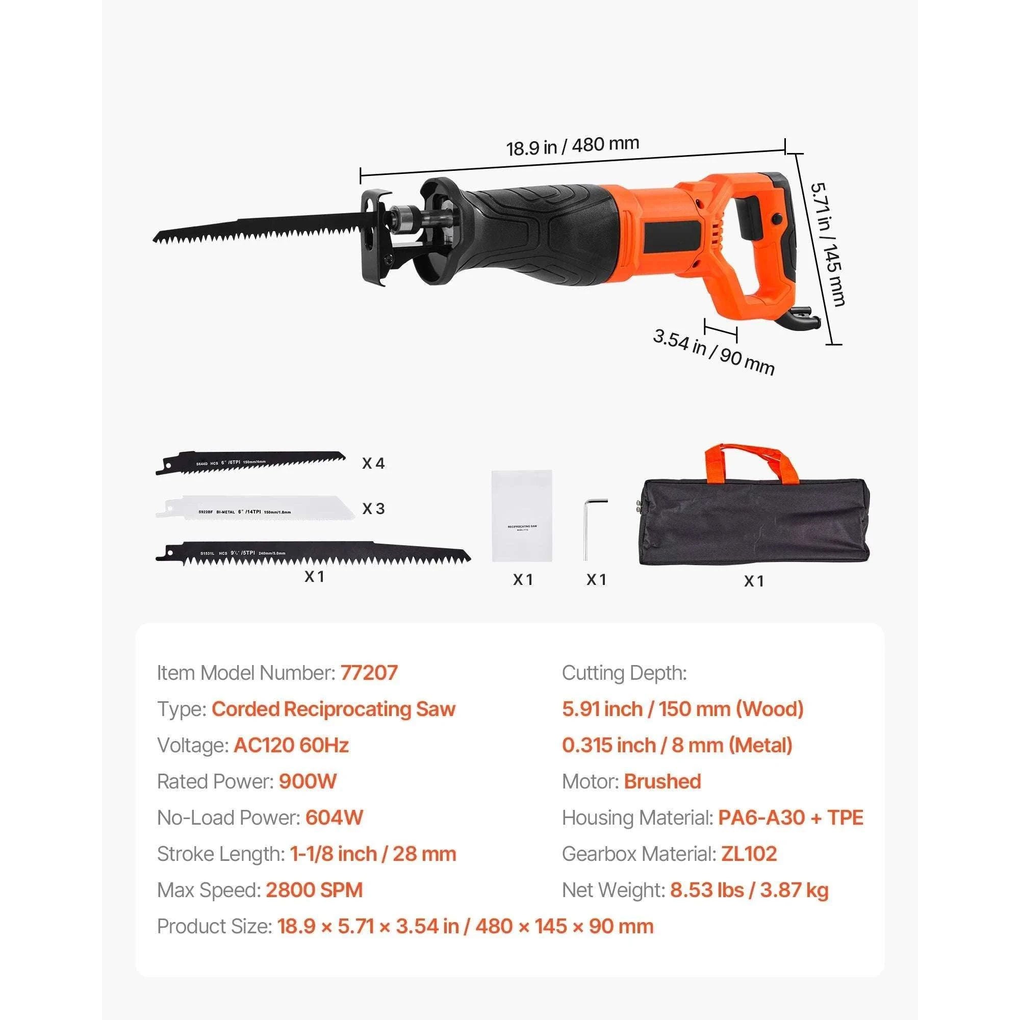 Corded Reciprocating Saw 7.5 Amp 2800 SPM Variable Speed Kit-Cordless 3000spm B / United States