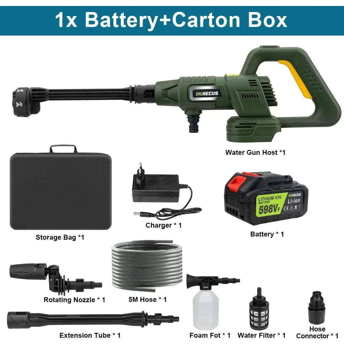 Cordless 200Bar High Pressure Washer Gun with Digital Display-2 Battery / france