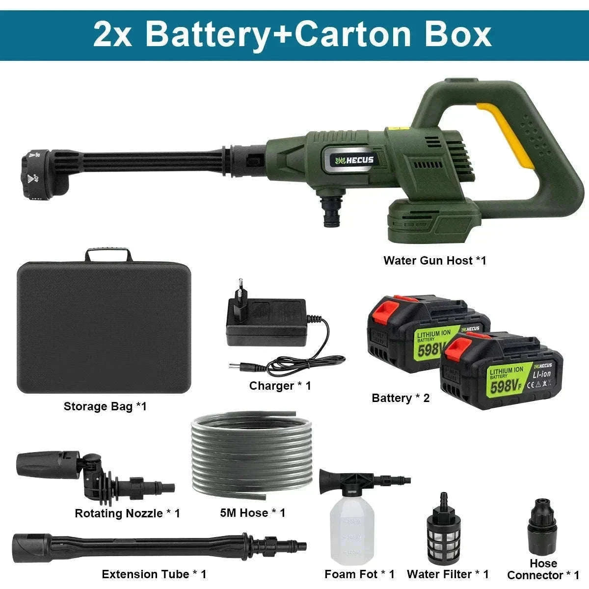 Cordless 200Bar High Pressure Washer Gun with Digital Display-2 Battery / france