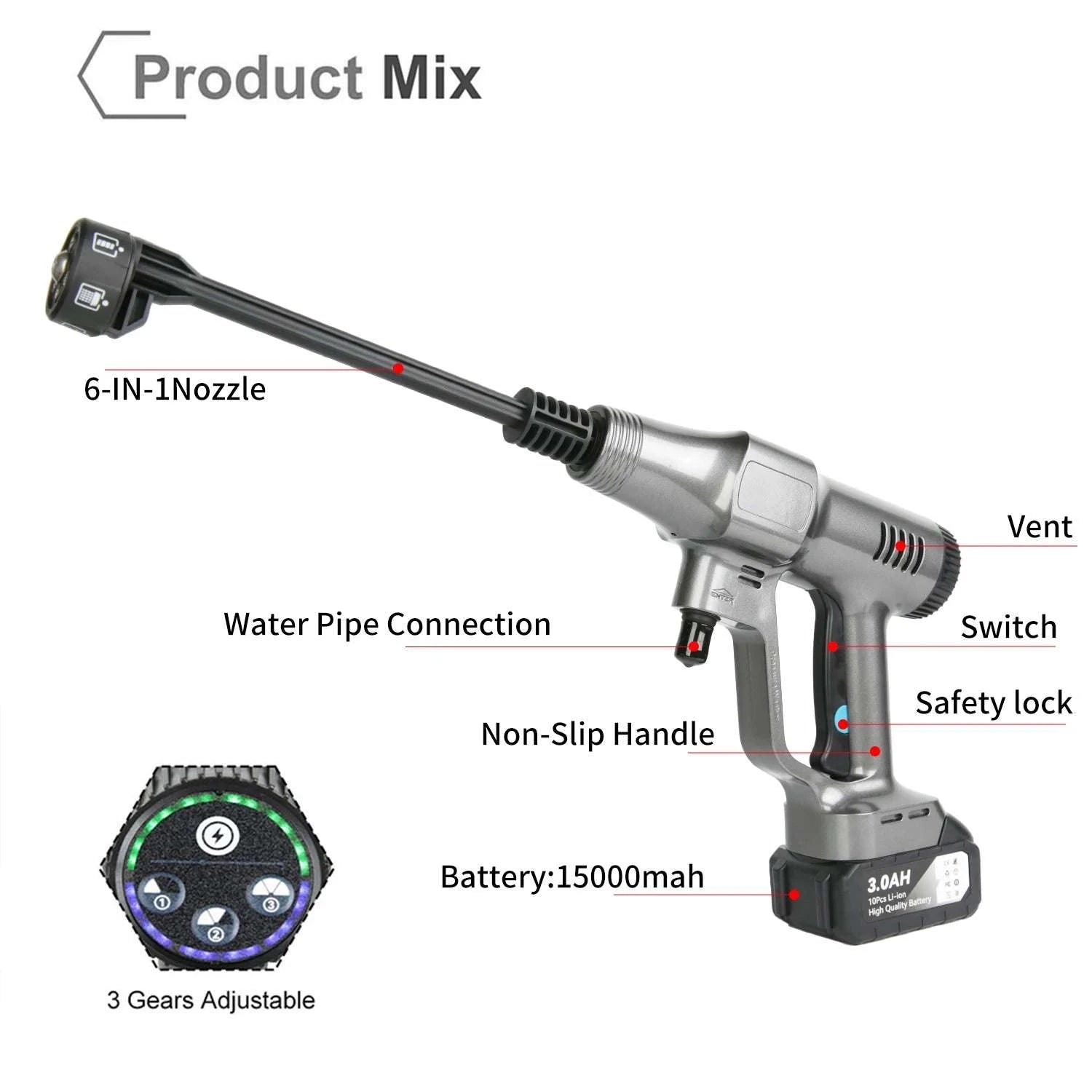 Cordless 200Bar High Pressure Washer with 6-in-1 Nozzle-1 pc battery / EU / france|Electric
