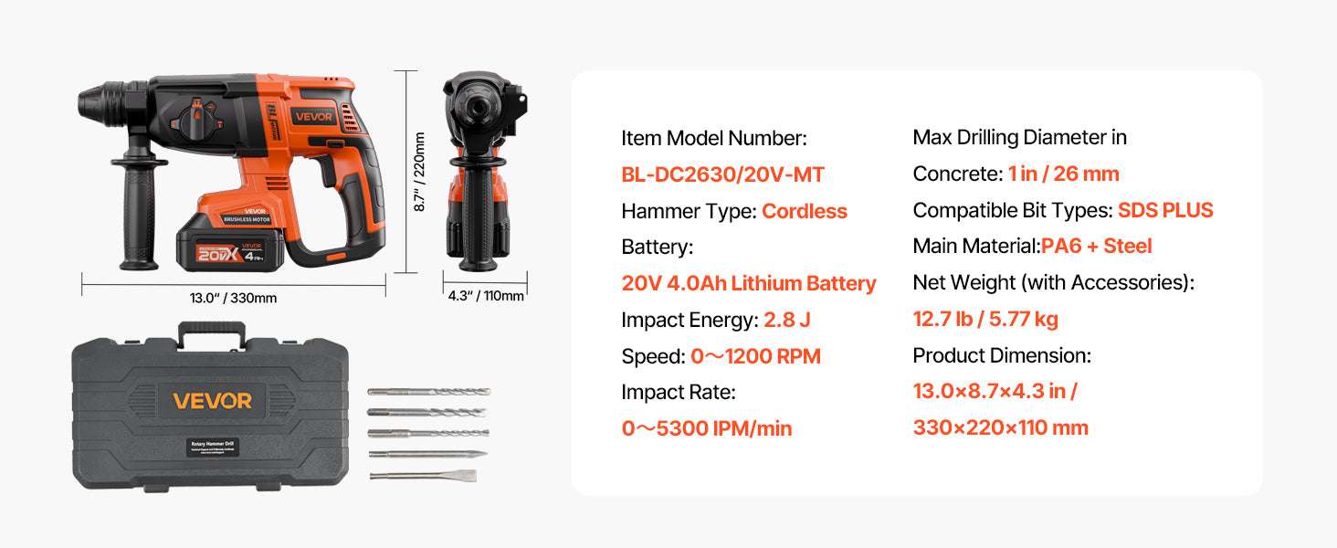 Cordless 20V SDS-Plus Rotary Hammer Drill 26mm with 4Ah Battery Kit-28mm 1.1in / United States