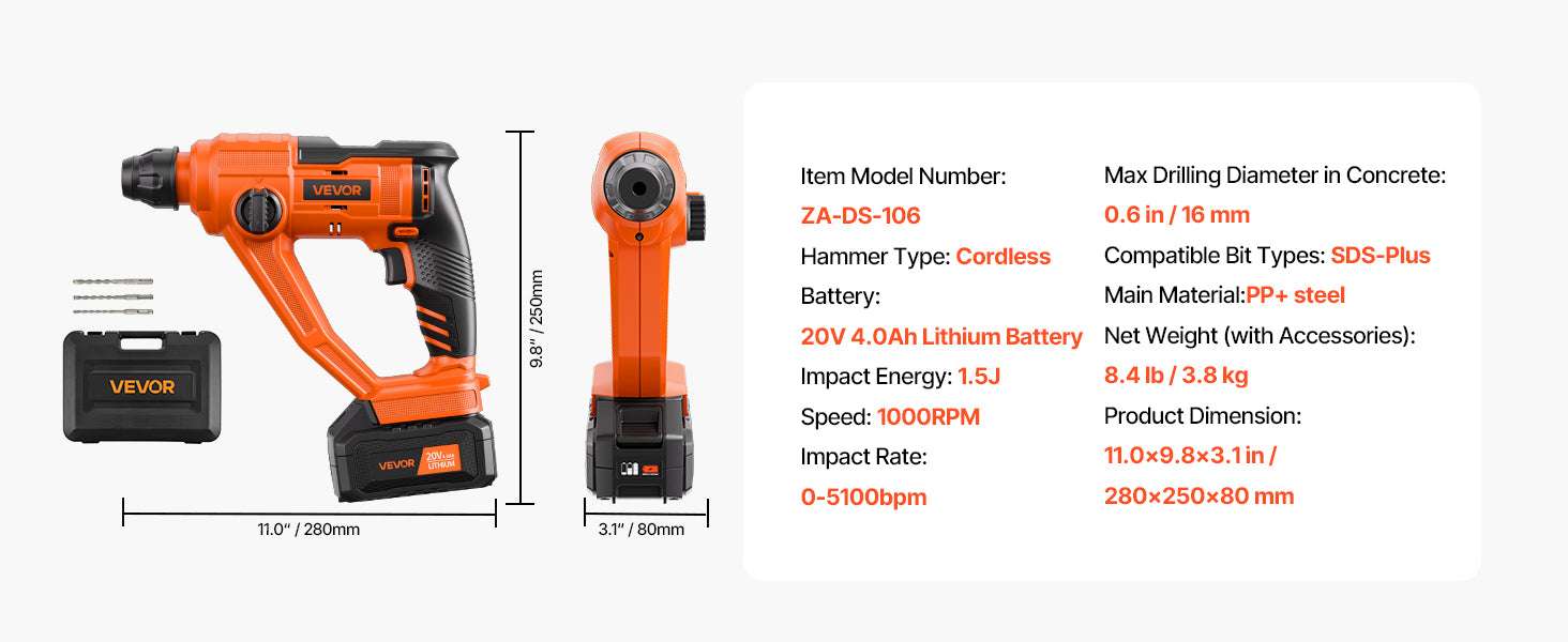 Cordless 20V SDS-Plus Rotary Hammer Drill 26mm with 4Ah Battery Kit-28mm 1.1in / United States