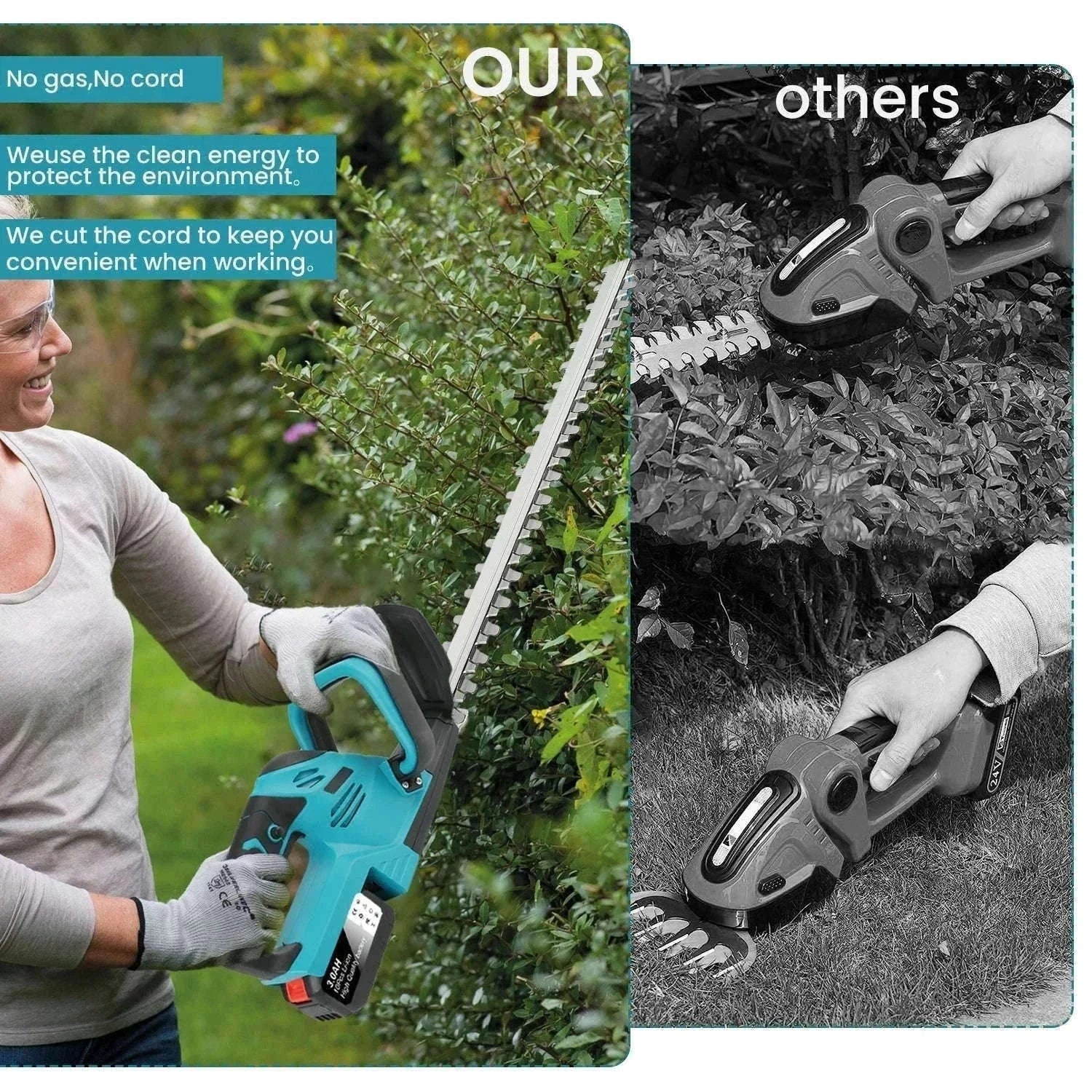 Cordless 21V Hedge Trimmer 520mm Brushless Garden Shear Tool-2 pcs batteries / france