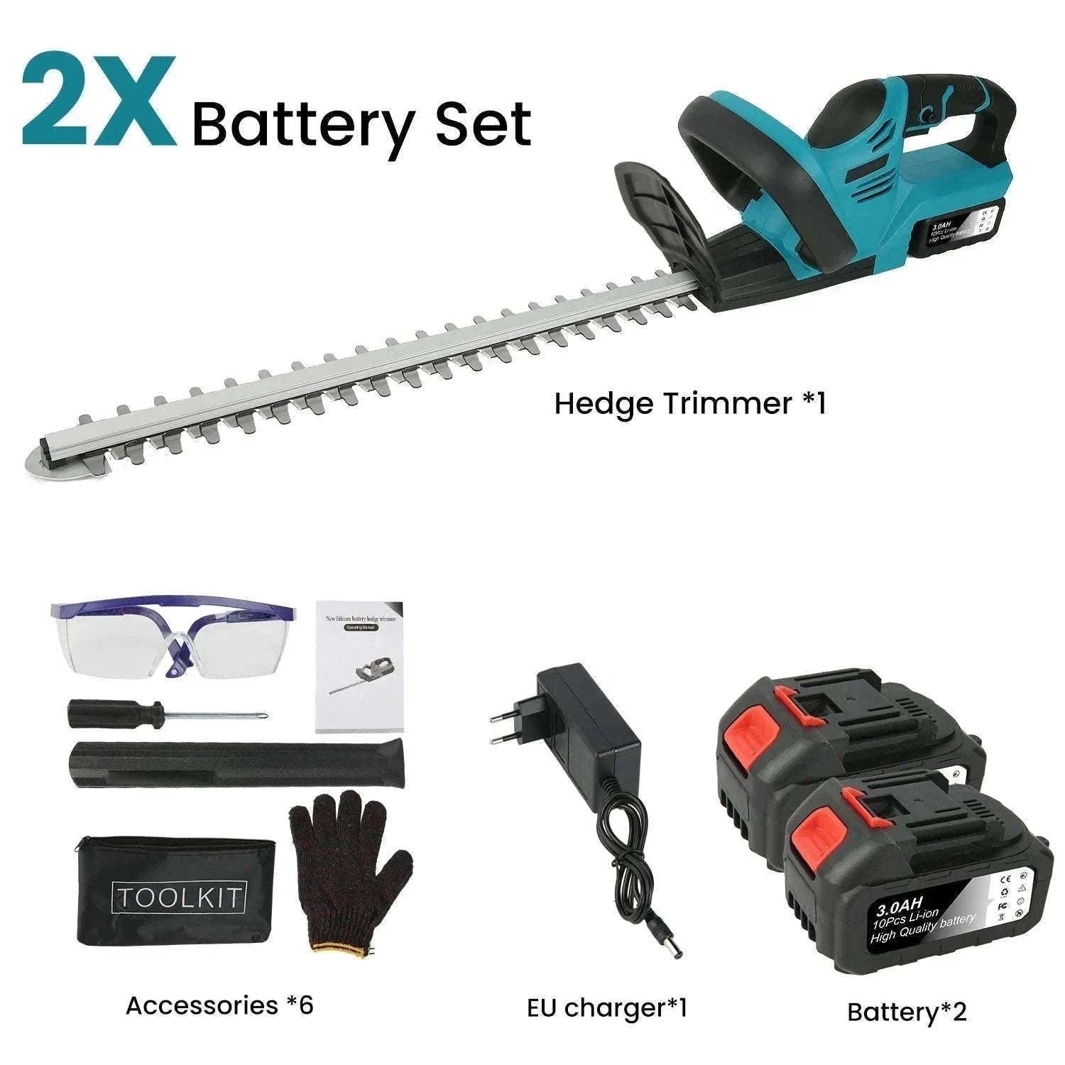 Cordless 21V Hedge Trimmer 520mm Brushless Garden Shear Tool-2 pcs batteries / france