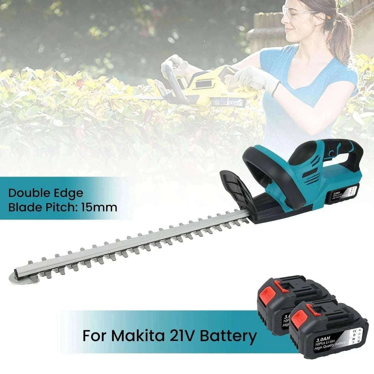 Cordless 21V Hedge Trimmer 520mm Brushless Garden Shear Tool-2 pcs batteries / france