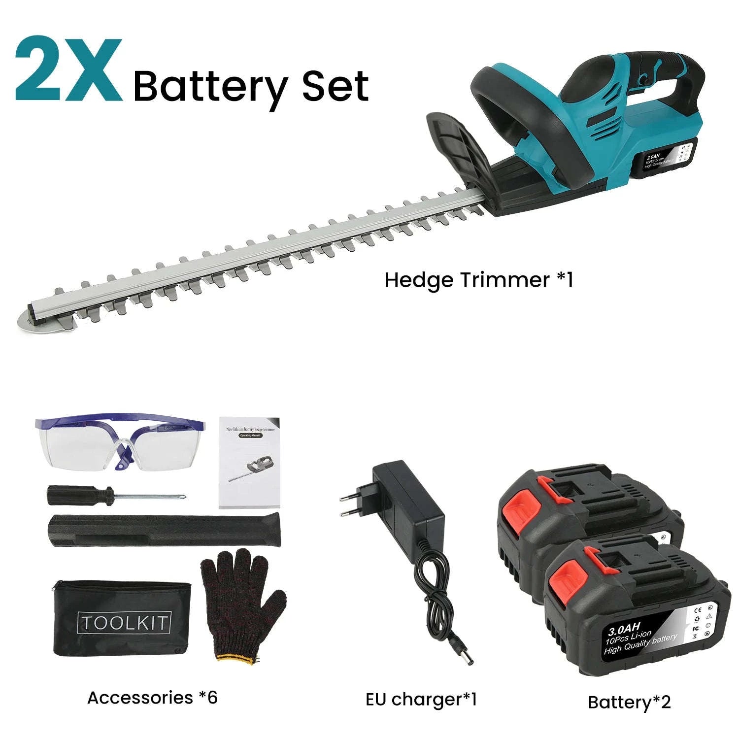 Cordless 21V Hedge Trimmer 520mm Brushless Garden Shear Tool-2 pcs batteries / france