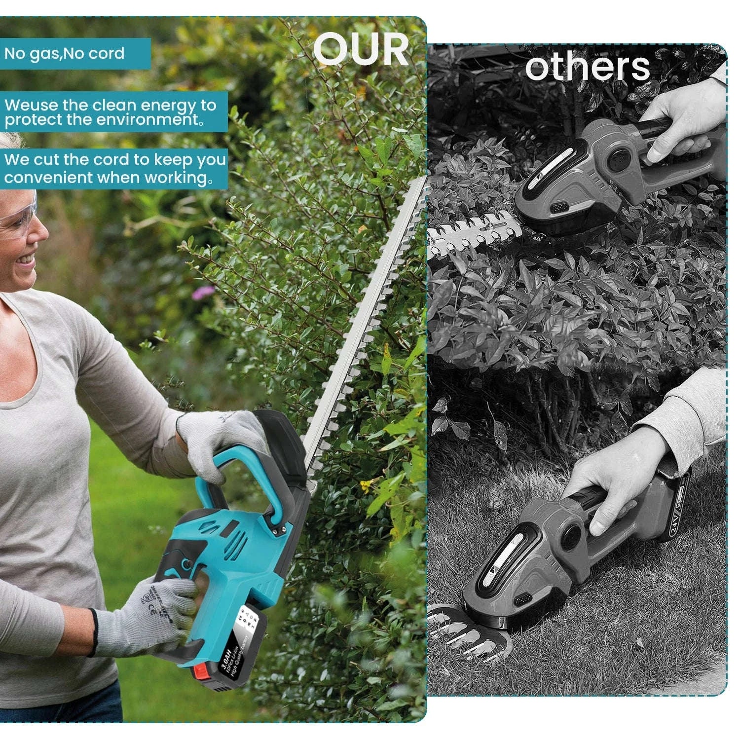 Cordless 21V Hedge Trimmer 520mm Brushless Garden Shear Tool-2 pcs batteries / france