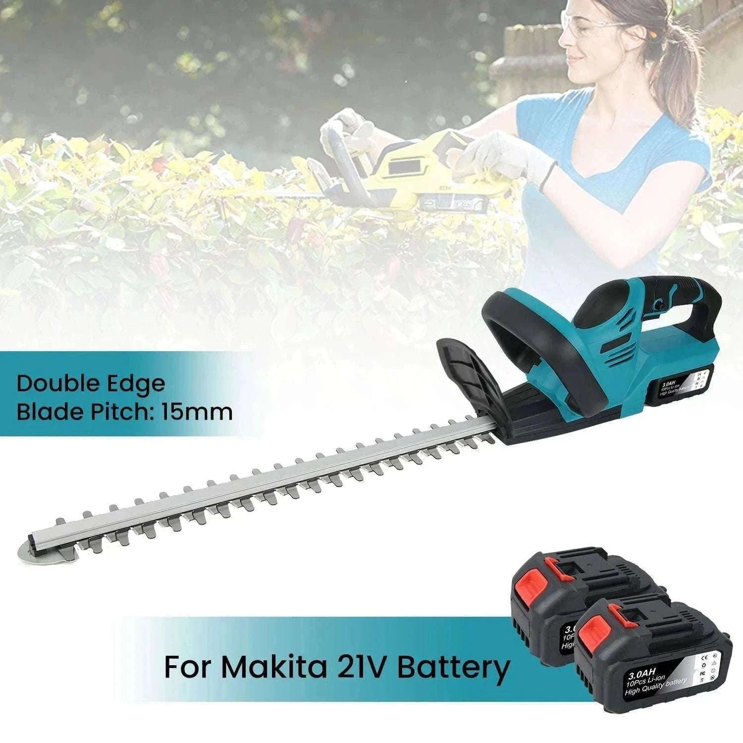 Cordless 21V Hedge Trimmer 520mm Brushless Garden Shear Tool-2 pcs batteries / france