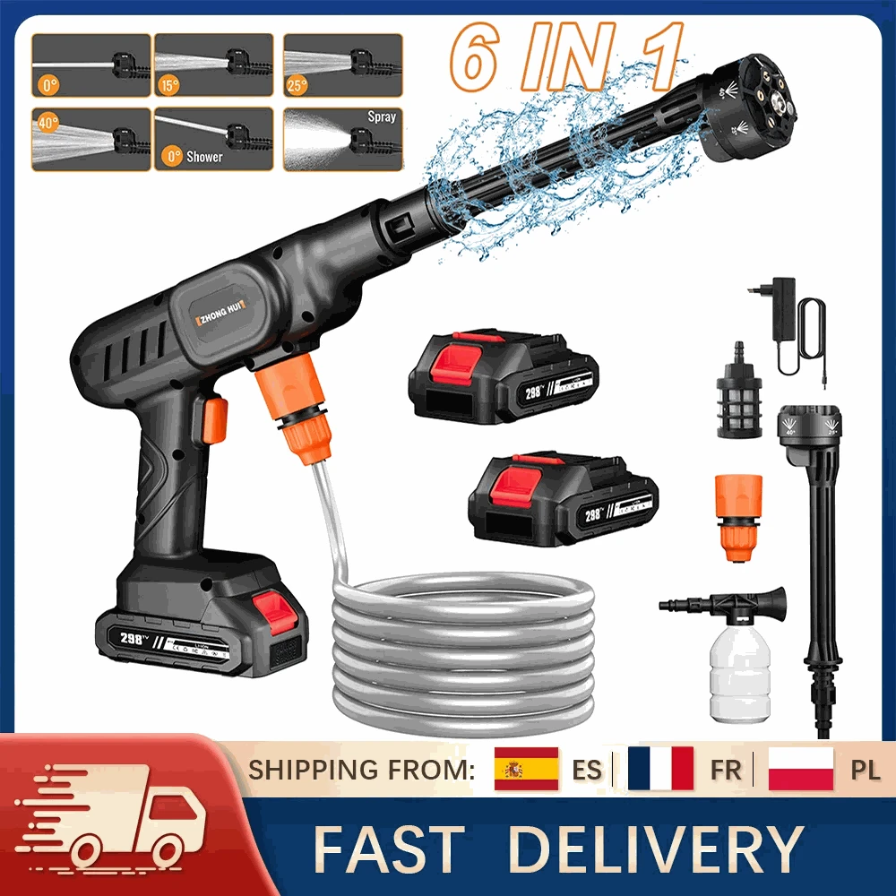 Cordless 25 Bar Pressure Washer with 6-in-1 Nozzle Spray Gun-12000mAh 2 Batteries / france / Battery Powered