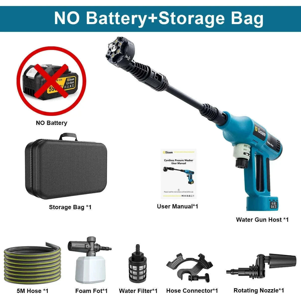 Cordless 250Bar High Pressure Washer Gun with Brushless Motor-China Mainland / 2 Battery 1 Plug
