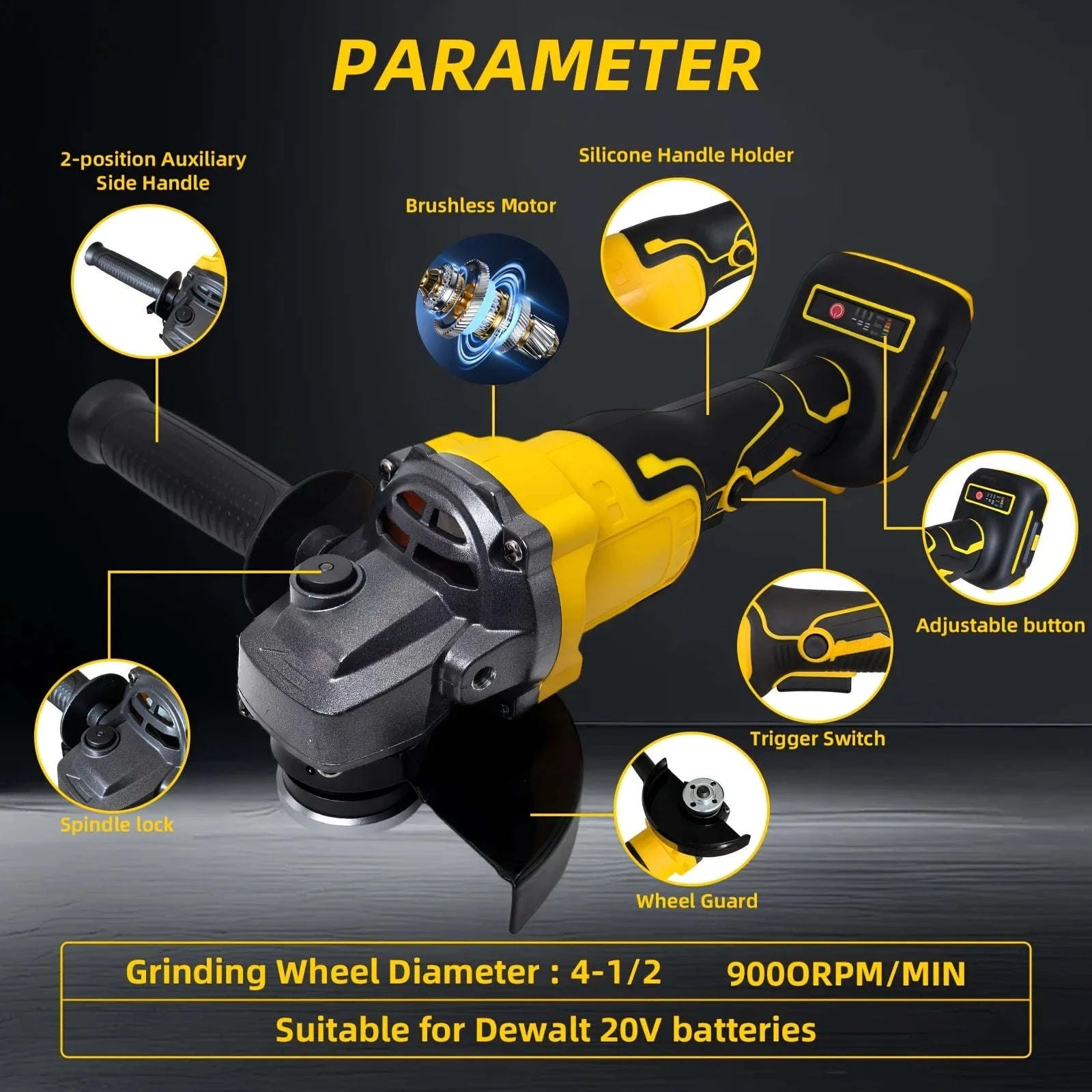 Cordless 5" Angle Grinder for Dewalt 20V Battery, 3 Speeds-United States