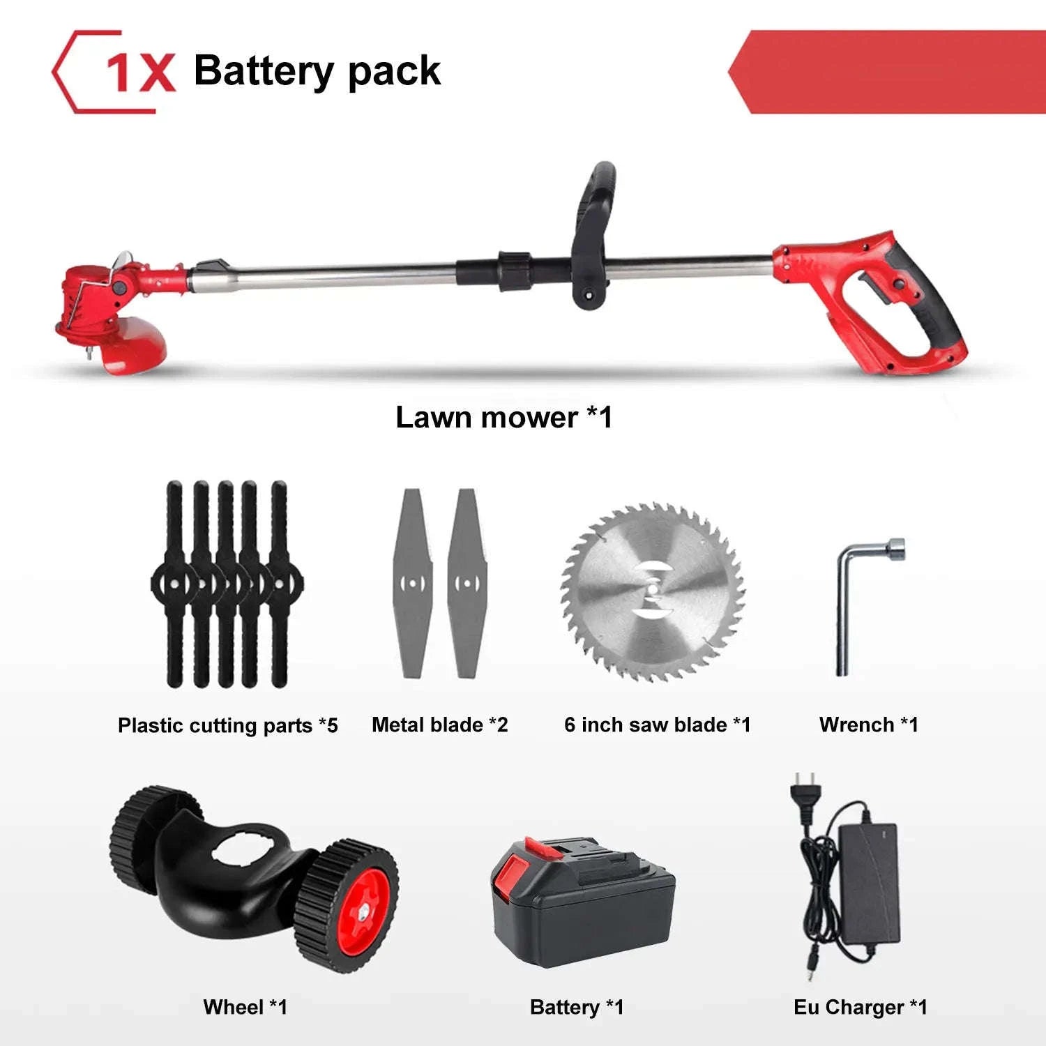 Cordless Electric Grass Trimmer with Adjustable Shaft & 3 Blade Types-Red 2pcs batteries / EU / france