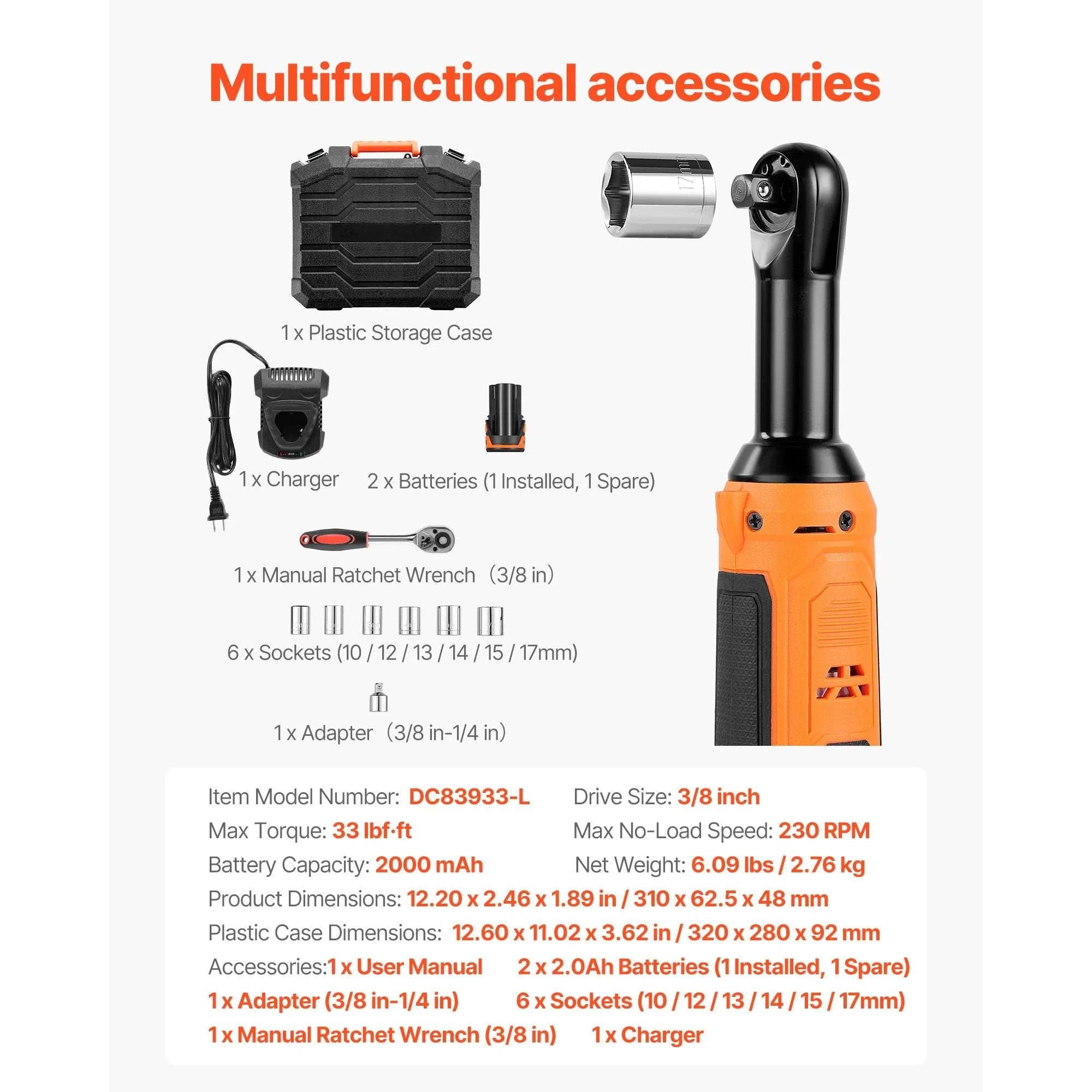 Cordless Electric Ratchet Wrench Set with Dual Batteries & Sockets-33 lbf-ft 230RPM / United States