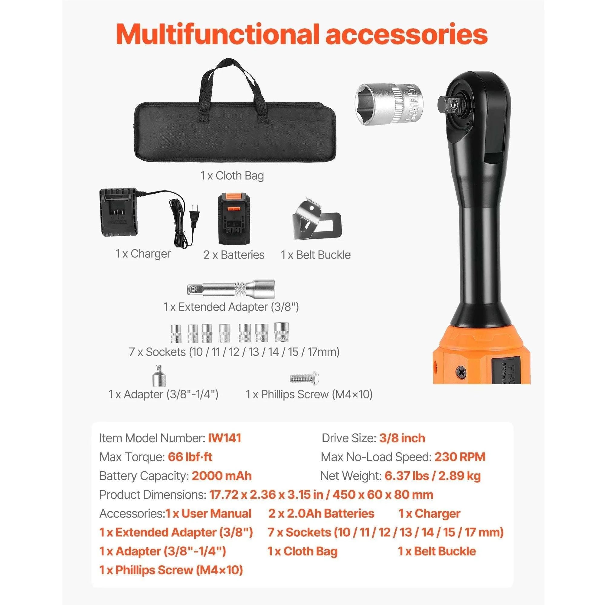 Cordless Electric Ratchet Wrench Set with Dual Batteries & Sockets-33 lbf-ft 230RPM / United States