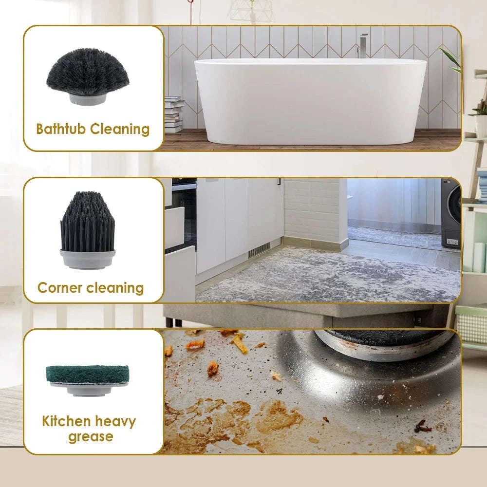 Cordless Electric Spin Scrubber with 10 Brush Heads & Extension Handle-GRAY / france