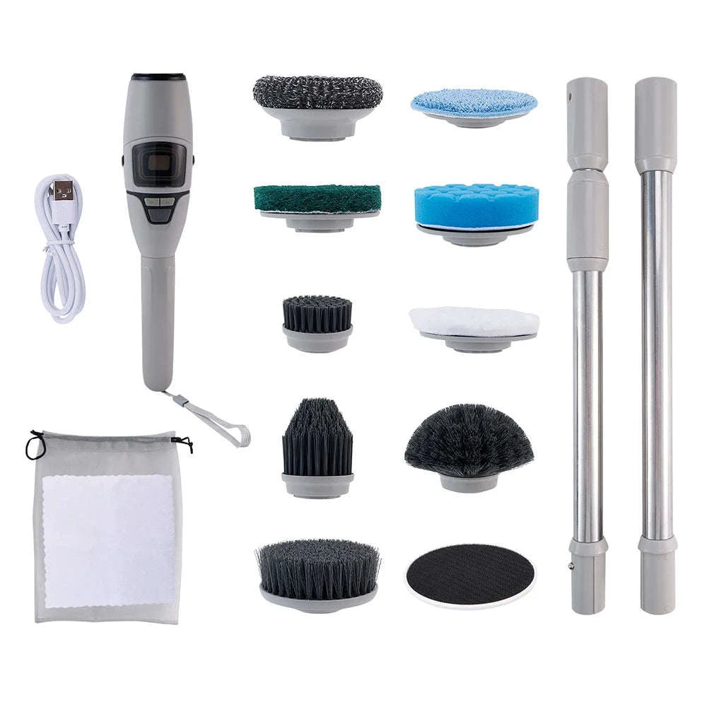 Cordless Electric Spin Scrubber with 10 Brush Heads & Extension Handle-GRAY / france