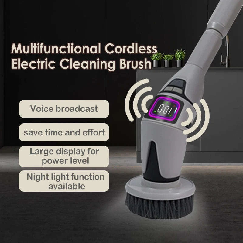 Cordless Electric Spin Scrubber with 10 Brush Heads & Extension Handle-GRAY / france