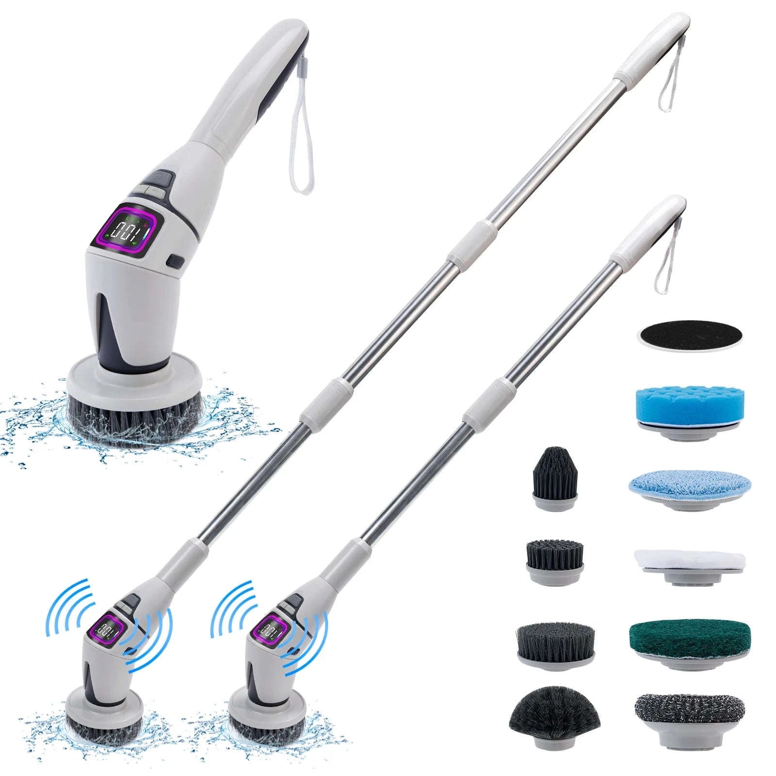 Cordless Electric Spin Scrubber with 10 Brush Heads & Extension Handle-GRAY / france