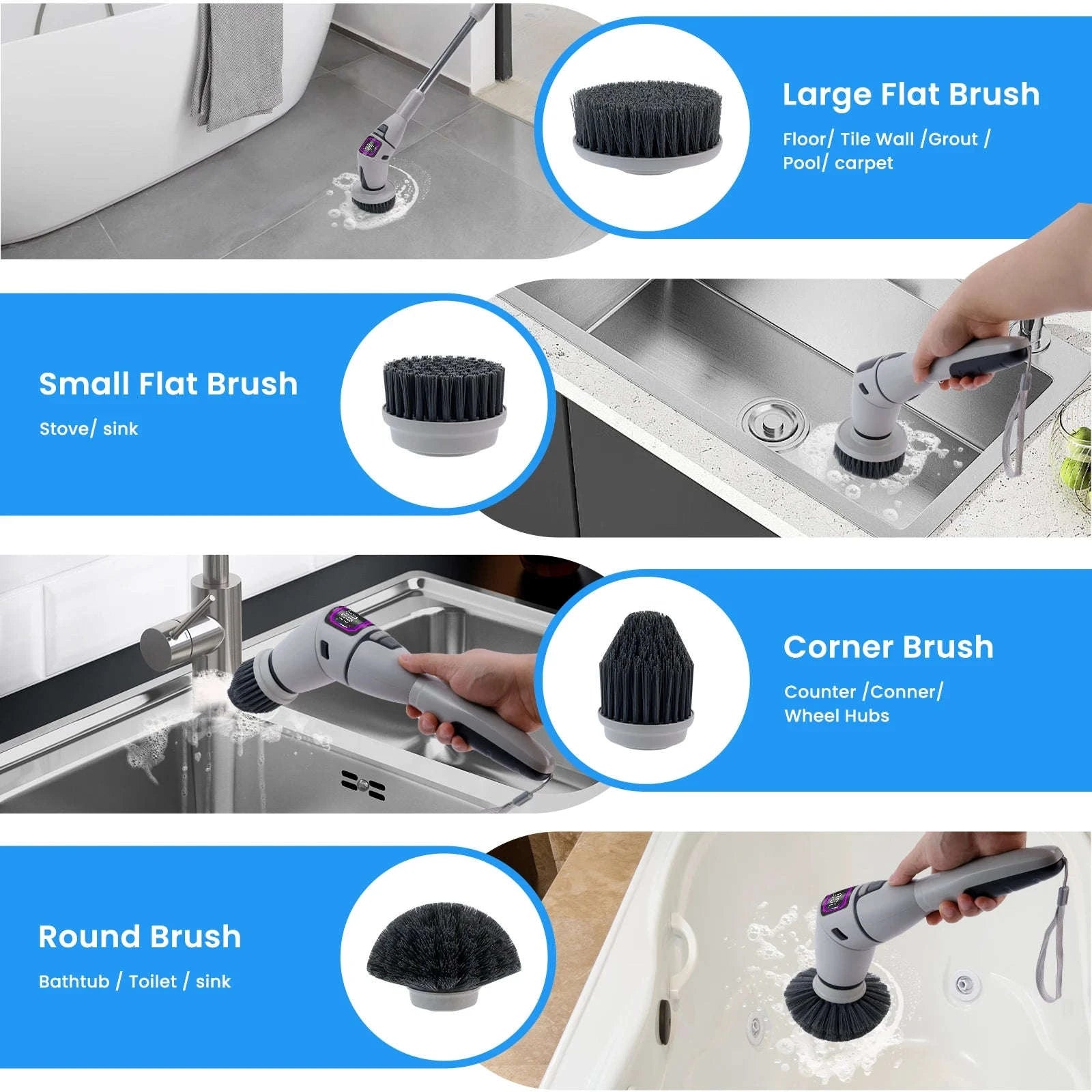 Cordless Electric Spin Scrubber with 10 Brush Heads & Extension Handle-GRAY / france