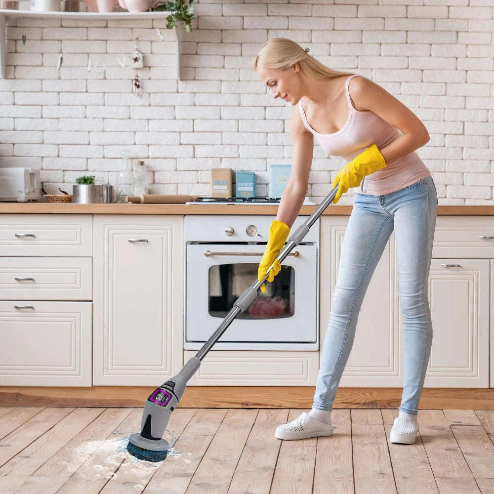 Cordless Electric Spin Scrubber with 10 Brush Heads & Extension Handle-GRAY / france