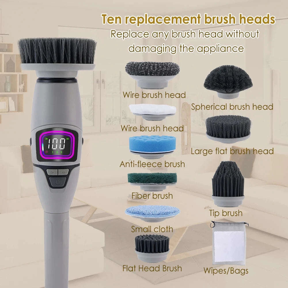 Cordless Electric Spin Scrubber with 10 Brush Heads & Extension Handle-GRAY / france