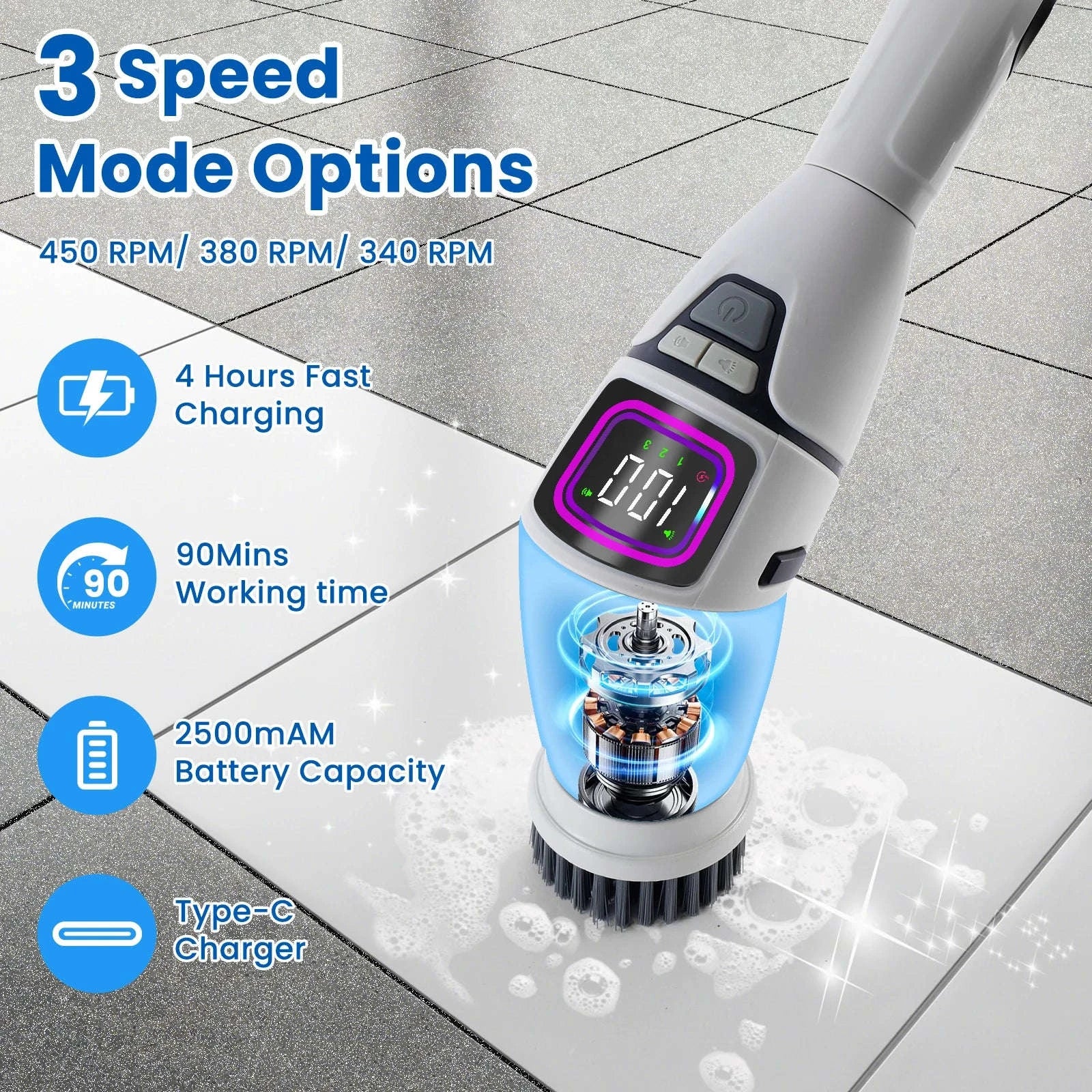 Cordless Electric Spin Scrubber with 10 Brush Heads & Extension Handle-GRAY / france