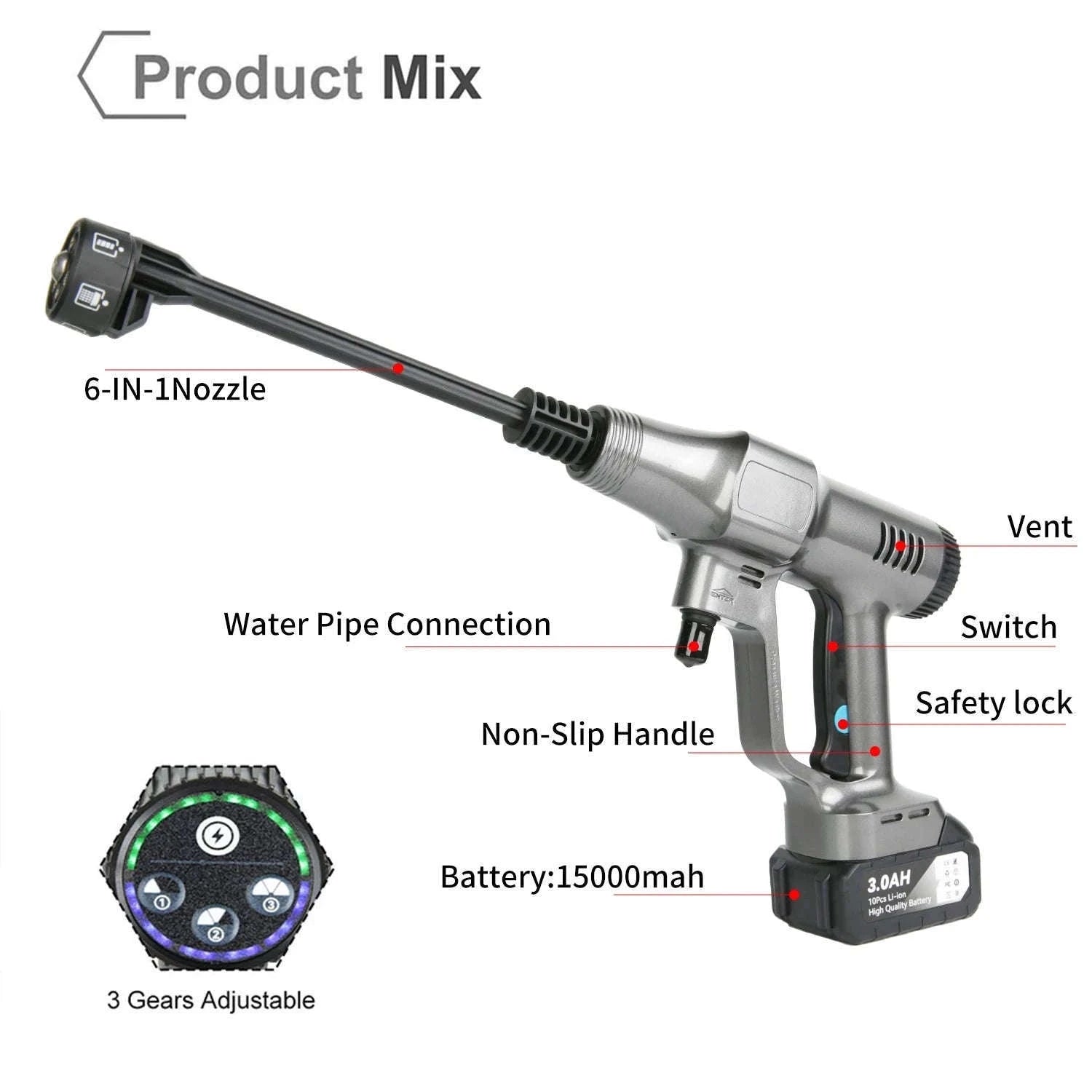 Cordless High Pressure Washer 200 Bar 6-in-1 Nozzle 18V-1 pc battery / EU / france|Electric