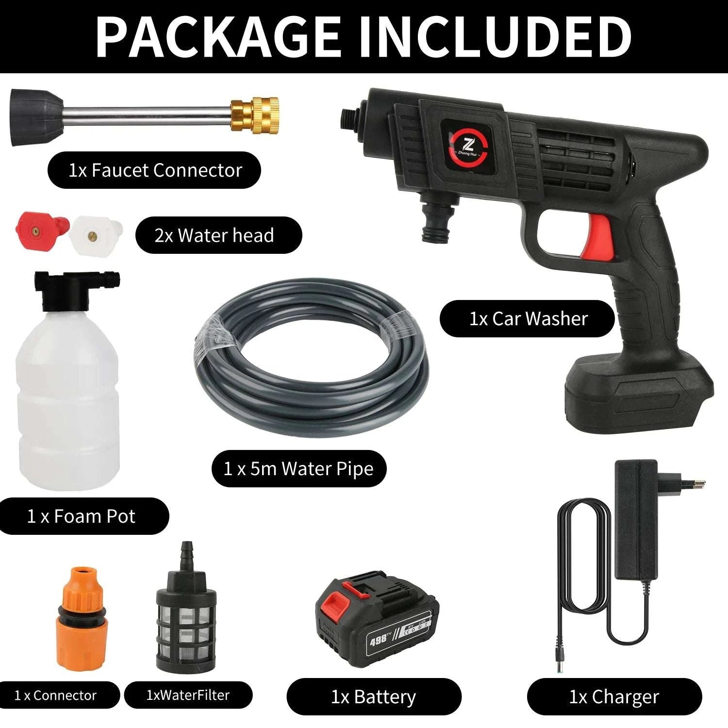 Cordless High Pressure Washer 50Bar with Battery & 6-in-1 Nozzle-20000mAh Battery*2 / EU / france|Electric